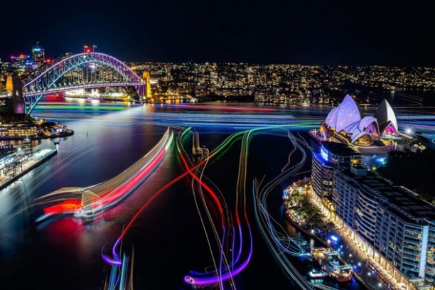 a bridge lit up at night