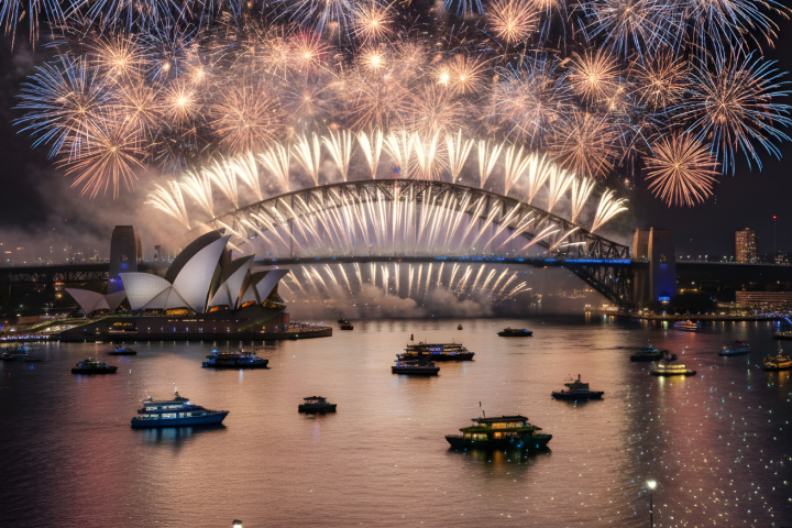 Fireworks over Sydney Opera House and Harbour Bridge at night with boats in water.