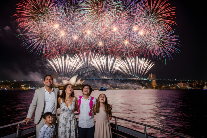 Family on a boat deck watching colorful fireworks over a city harbor at night.
