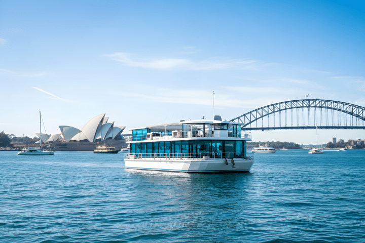Boat on water with Sydney Opera House and Harbour Bridge in background.
