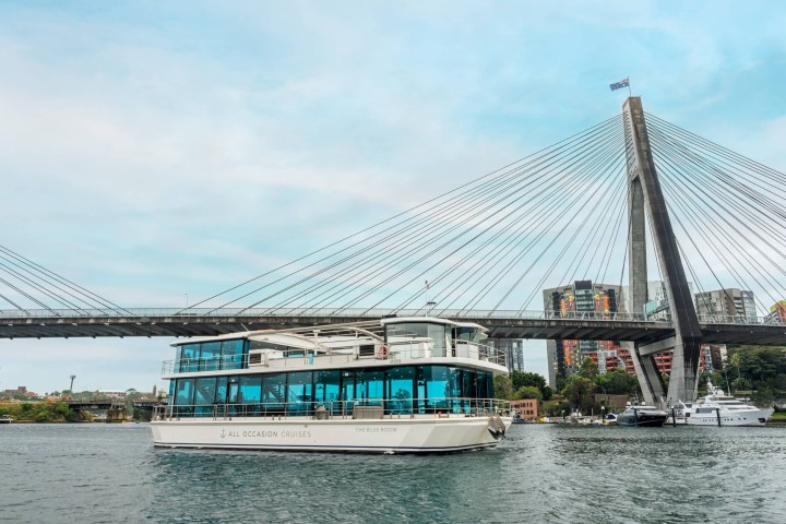 Modern boat on river with cable-stayed bridge in background.