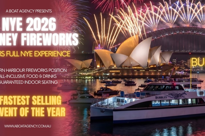 Sydney Opera House and fireworks with boat ad for NYE 2026 event.