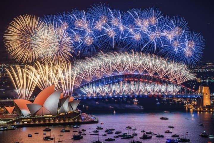 Fireworks display over Sydney Harbour Bridge and Opera House at night.