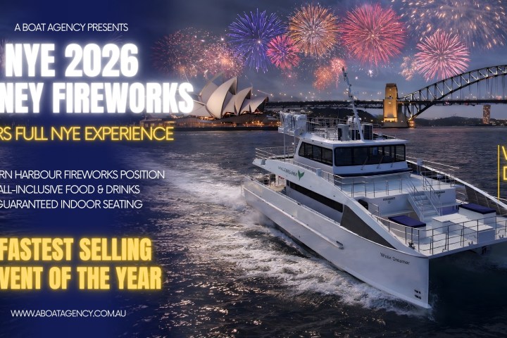 Night view of a boat with Sydney Opera House and Harbour Bridge in background, promoting NYE 2026 fireworks event.